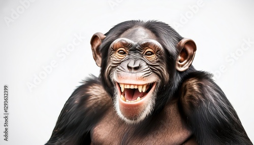 Jovial Chimpanzee Amidst a White Backdrop A Hilarious Portrait of a Playful Primate, Caught in a Fit of Glee photo