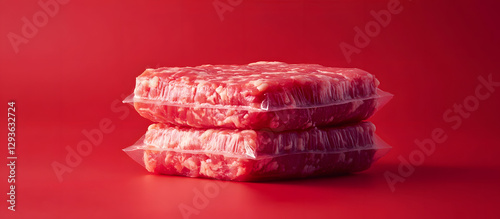 Cell cultured lab grown meat concept for artificial in vitro production featuring packaged raw minced meat against a red background. with copy space image. Place for adding text or design