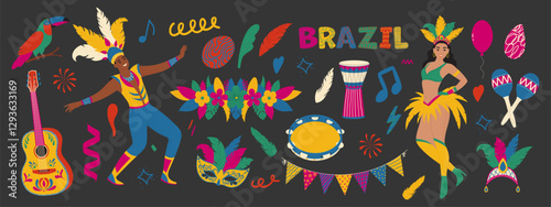 Brazilian carnival set. Masks, bird, dancing people in costume, guitar, garland. Trendy collection