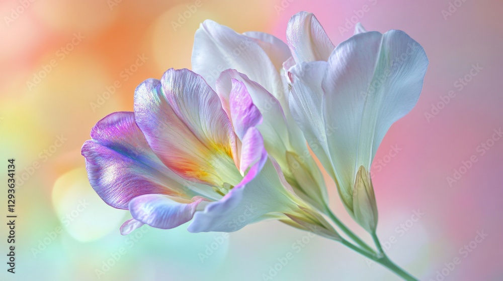 A surreal, dreamlike freesia bloom with iridescent petals, subtly changing color against a shifting pastel background A surreal, dreamlike freesia bloom with iridescent petals, subtly changing color against a shifting pastel background