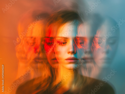 A multiple-exposure portrait of a woman, her blurred forms conveying the fragmented reality of psychosis, bipolar disorder, and schizophrenia. The image captures emotional turmoil.