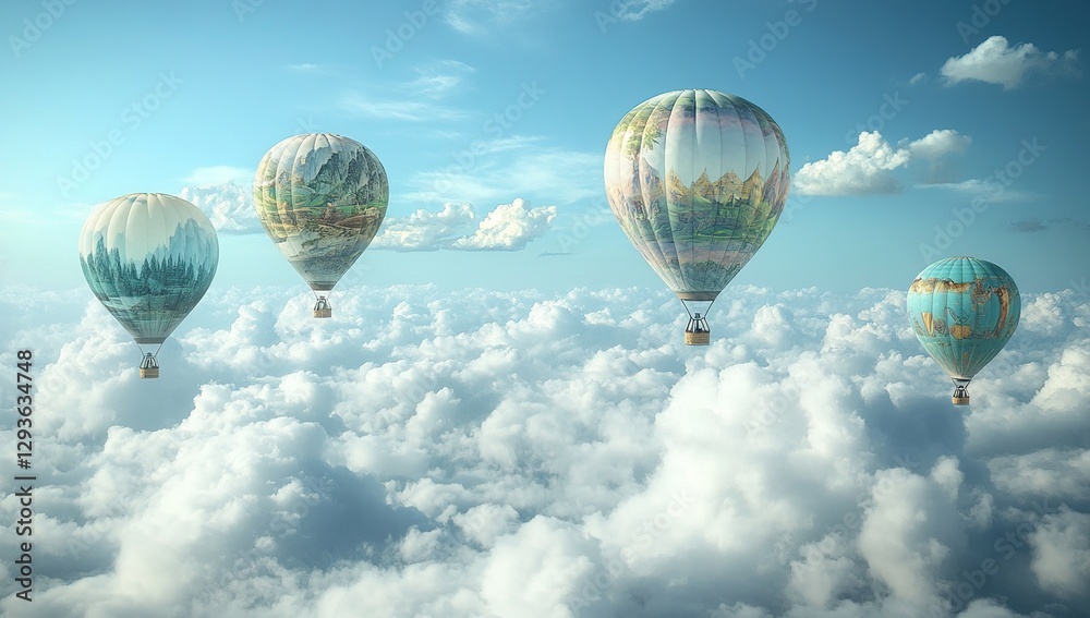 Obraz premium Colorful Hot Air Balloons Soaring Above a Sea of Clouds Under a Bright Blue Sky