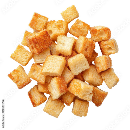 Freshly baked croutons, golden brown crunchy pieces, perfect for salads and soups, adds texture and flavor enhancement. Isolated on white background or PNG