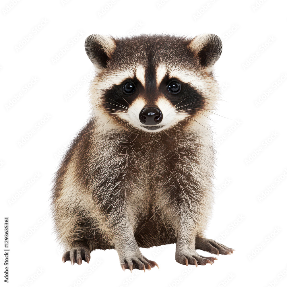 Curious raccoon sitting upright, small furry animal with distinctive mask-like face, perfect for wildlife themes and nature projects. Isolated on white background or PNG Curious raccoon sitting upright, small furry animal with distinctive mask-like face, perfect for wildlife themes and nature projects. Isolated on white background or PNG