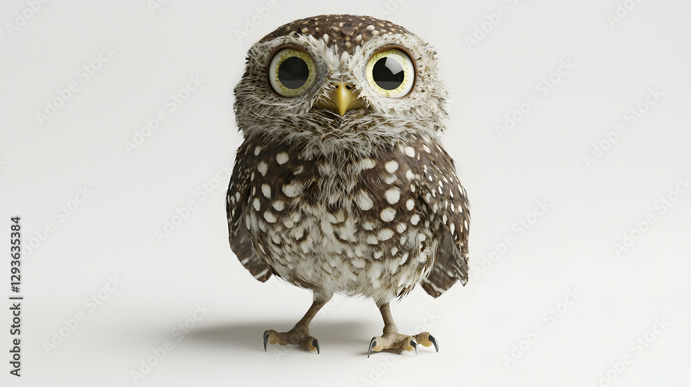 Fototapeta premium A cute owl with big eyes stands on a white background