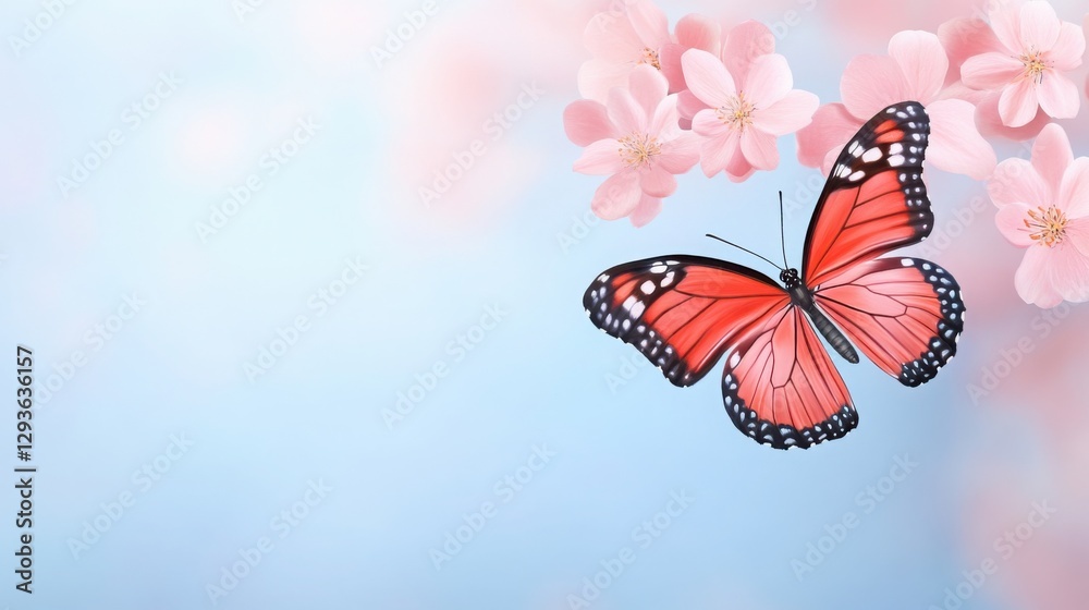 Fototapeta premium A delicate butterfly landing on a blooming flower, soft-focus background with pastel spring colors