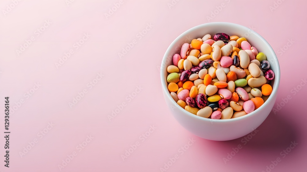 Various multicolored beans are piled inside a small white bowl