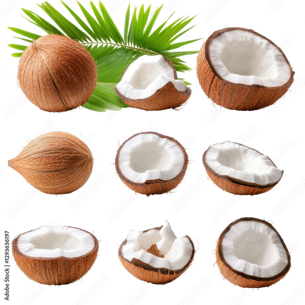 Coconuts on green leaves, fresh whole coconuts and halved pieces, tropical theme perfect for food, health or cooking projects. Isolated on white background or PNG Coconuts on green leaves, fresh whole coconuts and halved pieces, tropical theme perfect for food, health or cooking projects. Isolated on white background or PNG