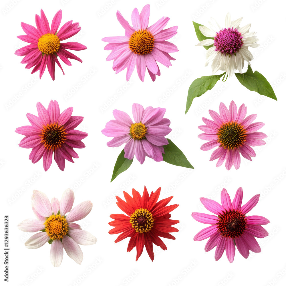 Colorful flower arrangement, vibrant pink and red blossoms with green leaves, perfect for decorative purposes or invitations. Isolated on white background or PNG Colorful flower arrangement, vibrant pink and red blossoms with green leaves, perfect for decorative purposes or invitations. Isolated on white background or PNG