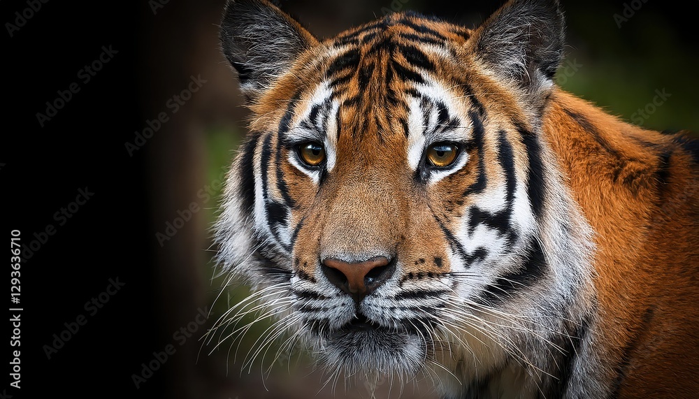 Naklejka premium Formidable Sumatran Tiger Staring Intently from the Jungles Verdant Depths, Majestic Creature Bathed in Golden Sunlight, Captured in a Moment of Pure Wildness and Strength