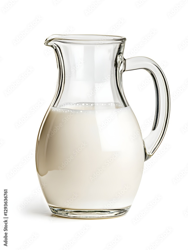 Creamy White Milk in Glass Pitcher on White Background Creamy White Milk in Glass Pitcher on White Background