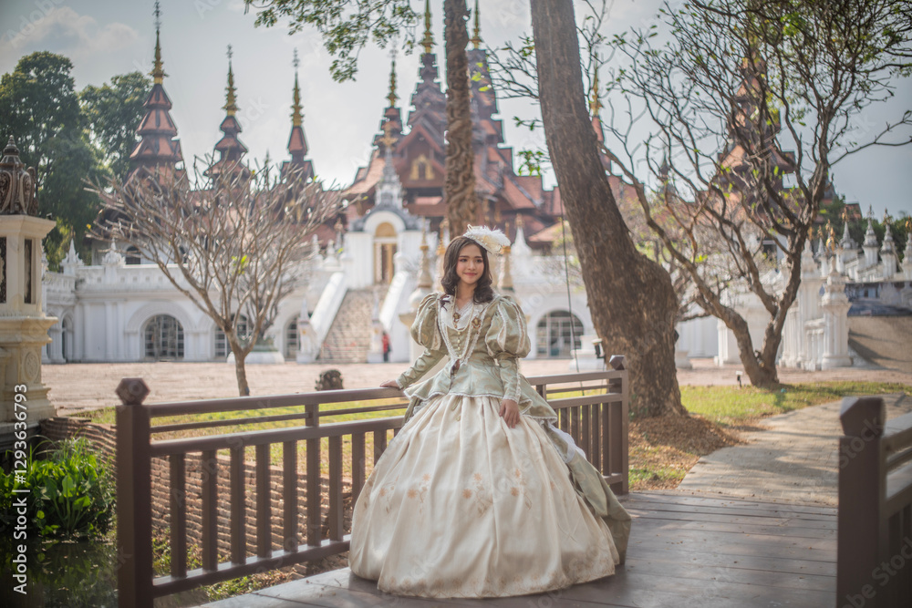 Beautiful young woman wearing vintage clothes in a beautiful old place.