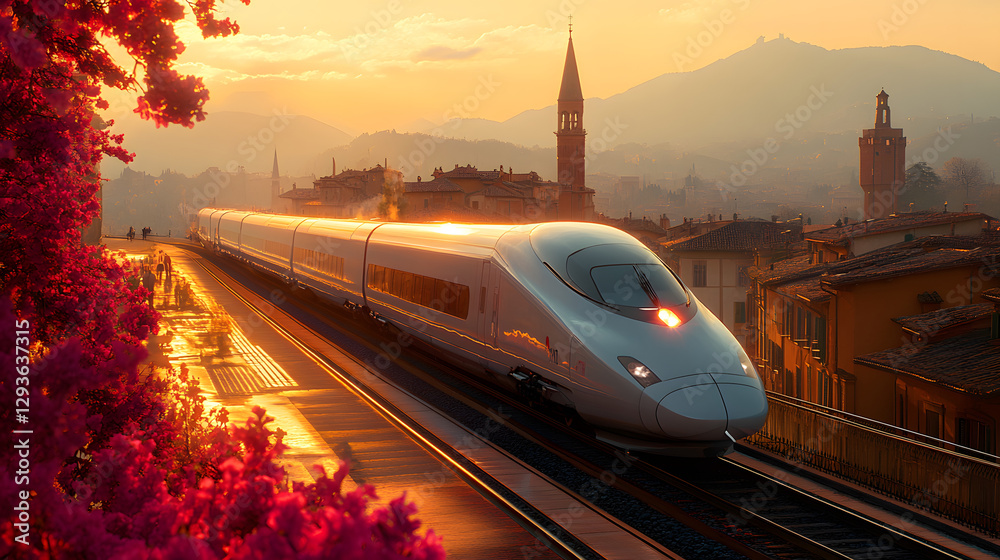 Naklejka premium High-Speed Journey: A sleek, modern train streaks across a scenic cityscape during a breathtaking sunset.