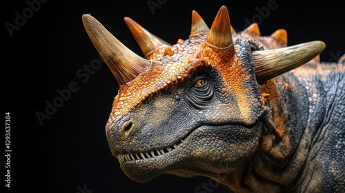 Close-up portrait of a horned dinosaur against a dark background, showcasing intricate scales and textures. The creature's powerful presence and fierce gaze evoke a sense of ancient power and mystery.