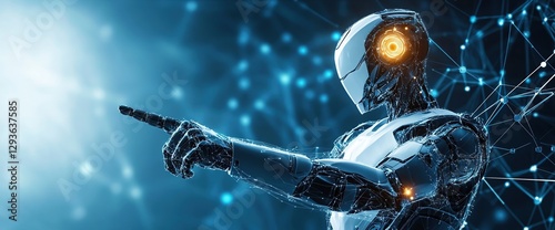 Artificial Intelligence Robot Using Floating Digital Network Connections Dots Lines Blue Background
