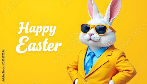 happy easter bunny in yellow suit, stylish easter rabbit with sunglasses, cheerful festive illustration