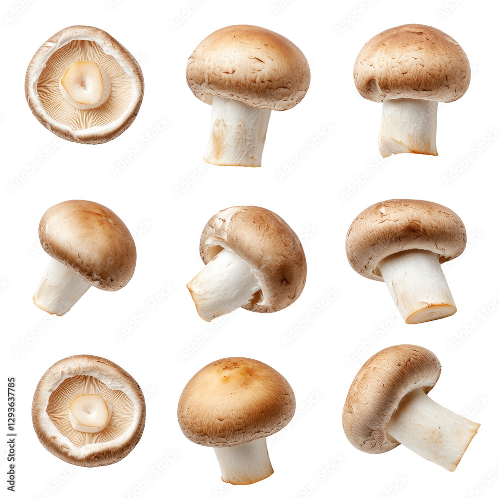 Assorted mushrooms displayed, fresh edible fungi arranged in a grid, perfect for culinary themes or recipe highlights. Isolated on white background or PNG Assorted mushrooms displayed, fresh edible fungi arranged in a grid, perfect for culinary themes or recipe highlights. Isolated on white background or PNG