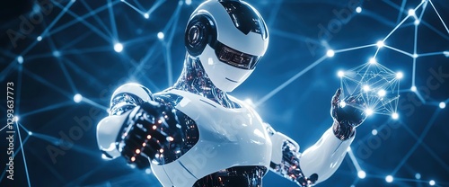 Artificial Intelligence Robot Using Floating Digital Network Connections Dots Lines Blue Background