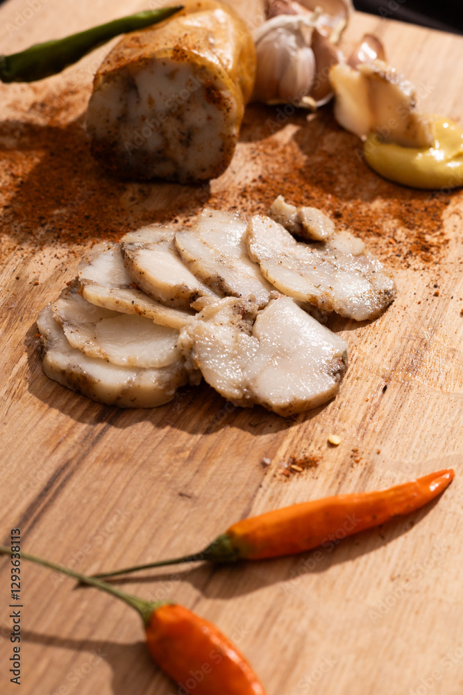 Fototapeta premium lard fat tallow bacon pepper garlic on a cutting board natural snacks close photo