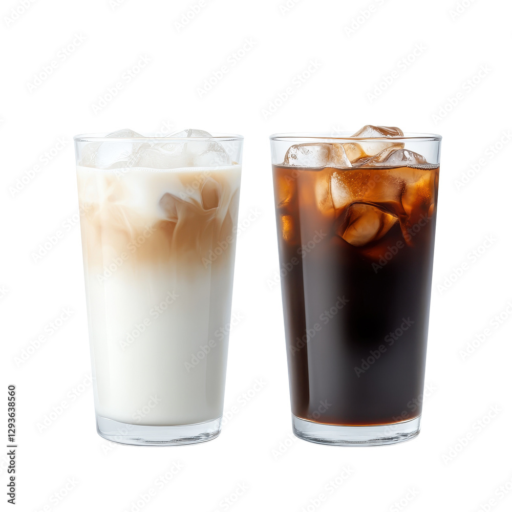 Chilled beverages served in clear glasses, creamy iced coffee alongside dark cold brew, perfect for refreshing moments. Isolated on white background or PNG Chilled beverages served in clear glasses, creamy iced coffee alongside dark cold brew, perfect for refreshing moments. Isolated on white background or PNG