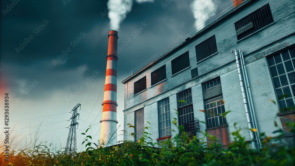 A factory emits smoke from its tall chimneys, surrounded by overgrown grass and a dramatic sky, highlighting industrialization's impact on the environment. A factory emits smoke from its tall chimneys, surrounded by overgrown grass and a dramatic sky, highlighting industrialization's impact on the environment.
