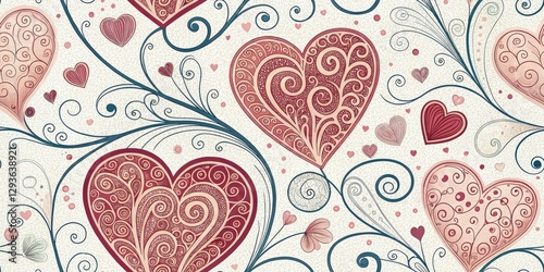 Hand Drawn Valentine's Day Pattern, Hearts Swirls, Romantic Design,  Love Background,  Festive Illustration,  Printable Wallpaper