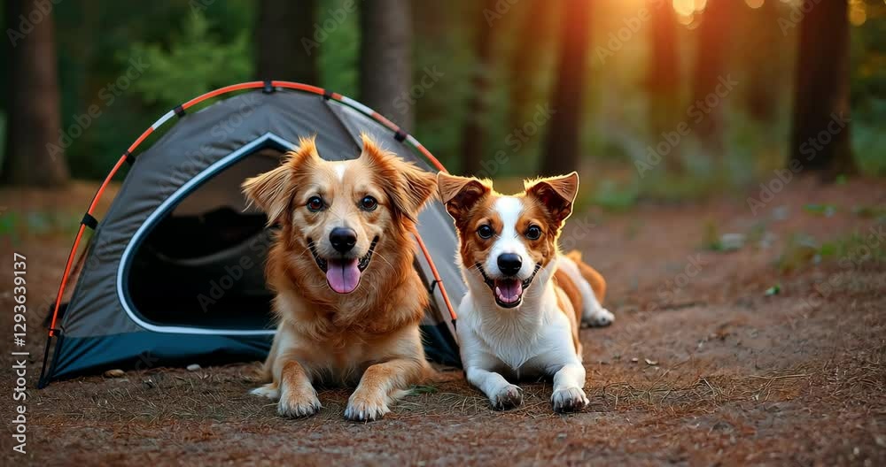 Two Dogs Relaxing in a Forest Tent Two Dogs Relaxing in a Forest Tent