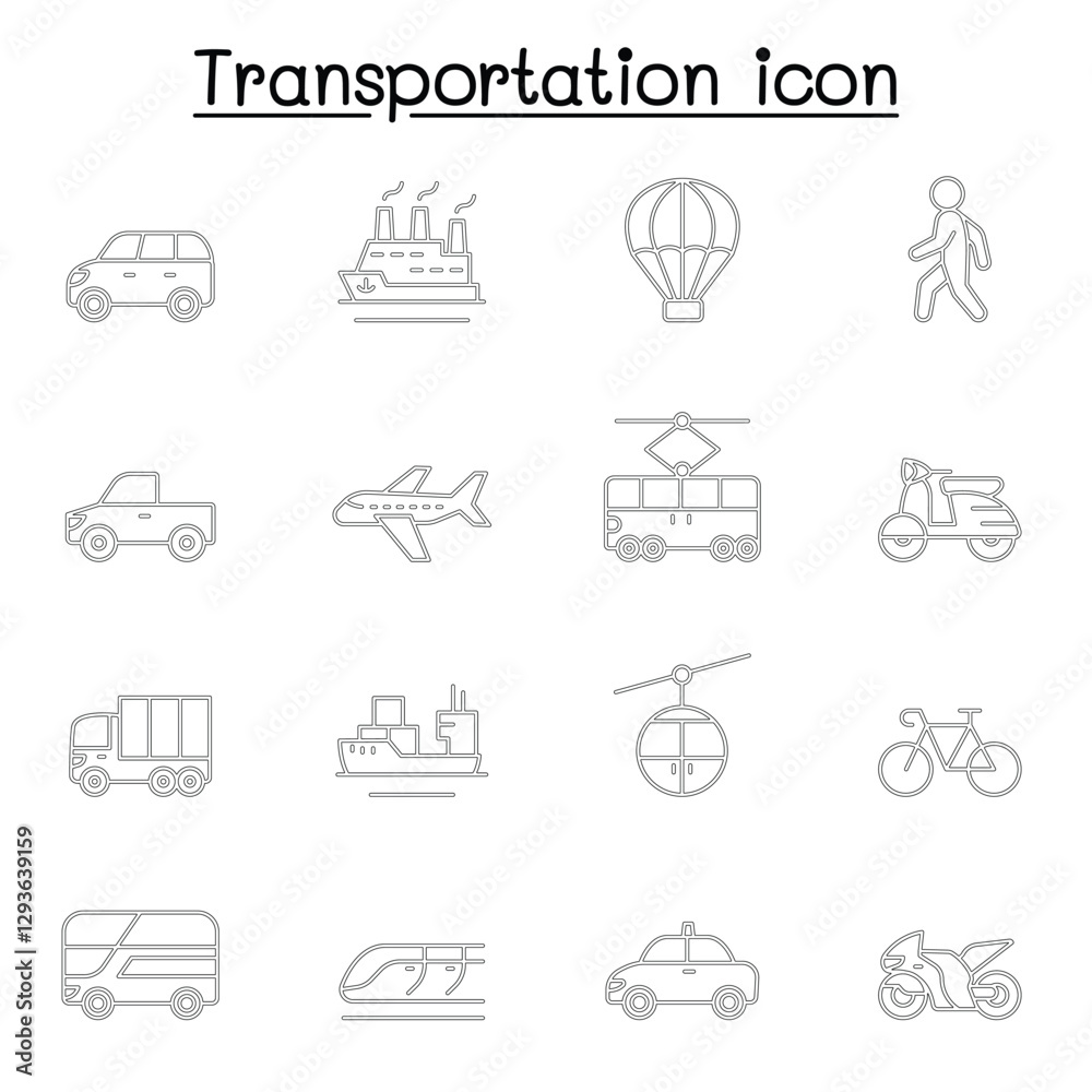 Set of Transportation related vector line icons. contains such Icons as airplane, bus, truck, lorry, scooter, motorcycle, walking, bicycle, taxi, train, cruise and more. Set of Transportation related vector line icons. contains such Icons as airplane, bus, truck, lorry, scooter, motorcycle, walking, bicycle, taxi, train, cruise and more.