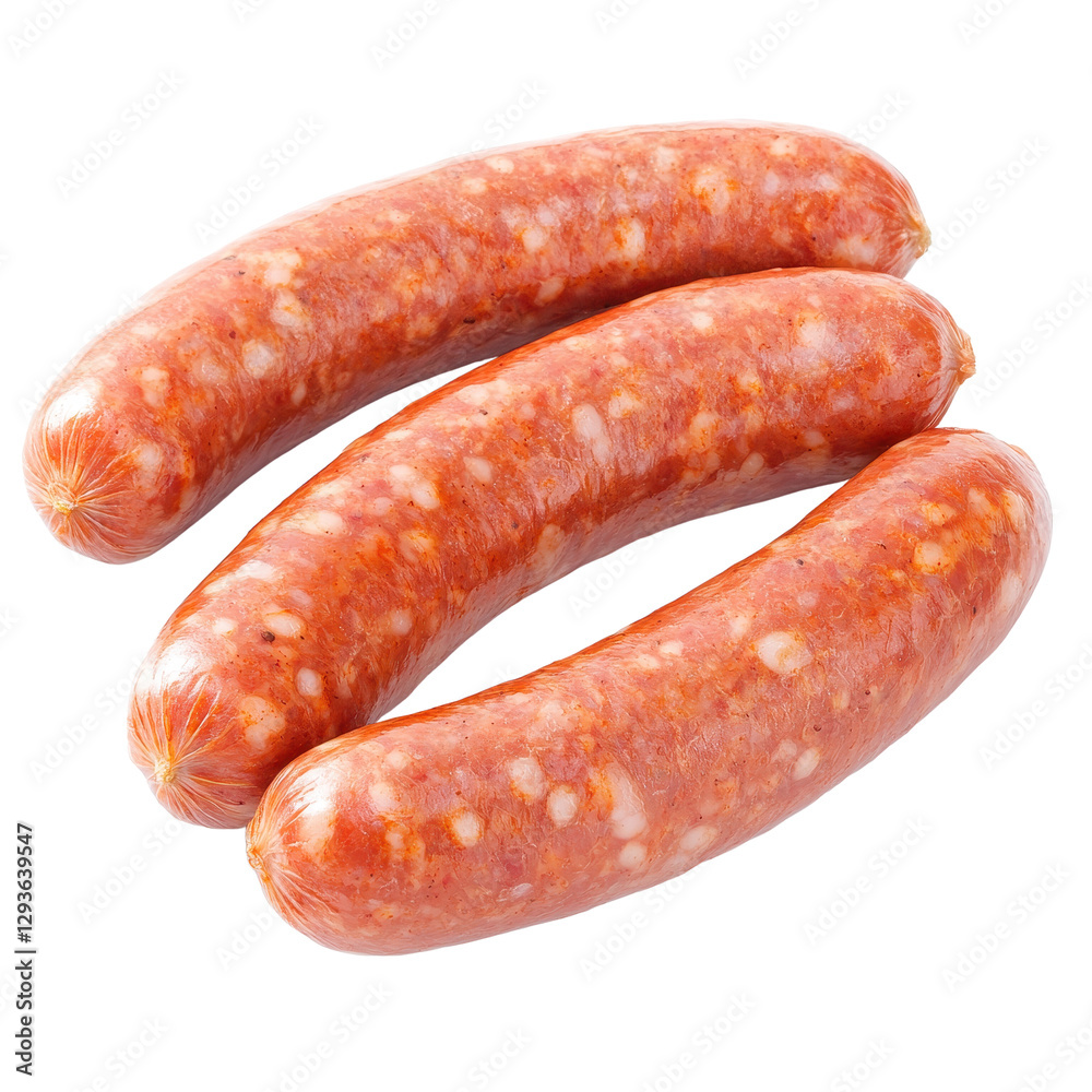 Raw sausages on a white surface, fresh meat products ideal for grilling or cooking, vibrant color and texture visible. Isolated on white background or PNG Raw sausages on a white surface, fresh meat products ideal for grilling or cooking, vibrant color and texture visible. Isolated on white background or PNG