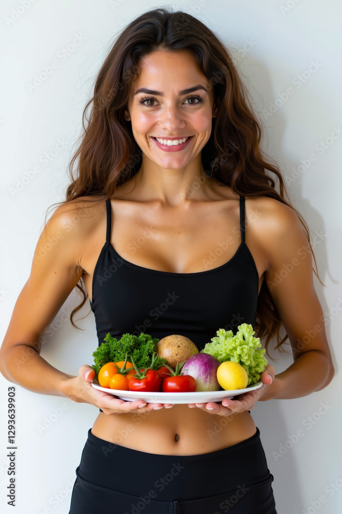 A woman holding a plate of vegetables and fruits A woman holding a plate of vegetables and fruits