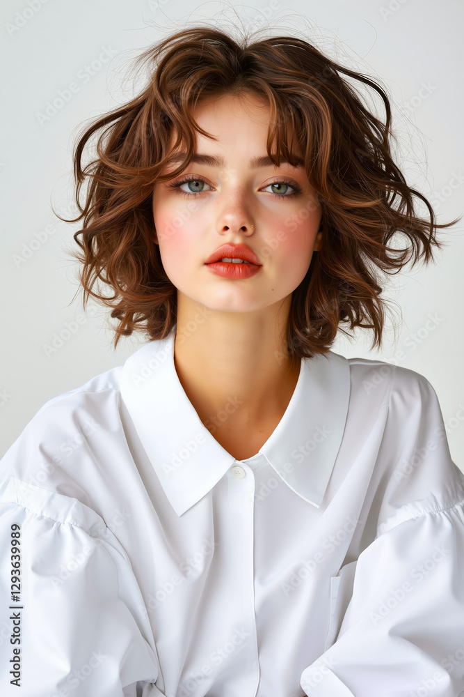 Fototapeta premium A woman wearing a white shirt and red lipstick
