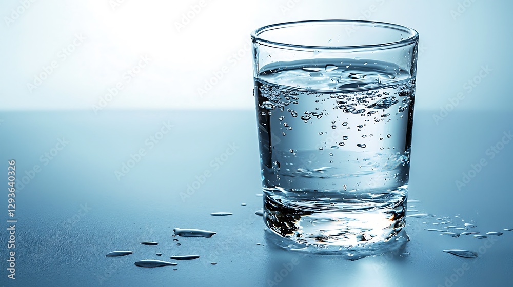 Glass of fresh water on wet surface, reflecting light, blue gradient backdrop, studio shot Glass of fresh water on wet surface, reflecting light, blue gradient backdrop, studio shot