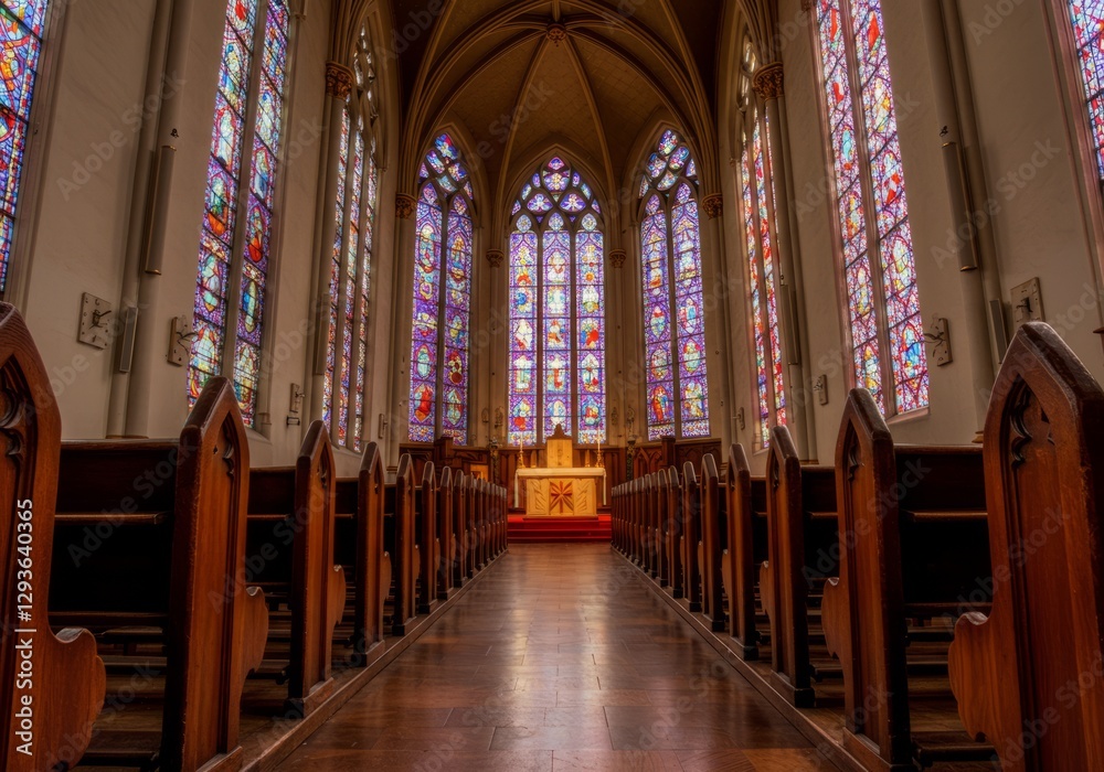 Fototapeta premium Exploring Grand Church Interior with Stained Glass Windows and Wooden Pews
