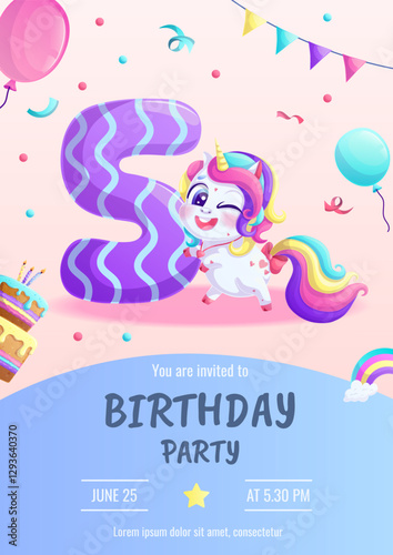 Invitations to a children's birthday party with a cute unicorn, confetti. 5th anniversary party, birthday, celebration, congratulations, invitation concept. Vector illustration.