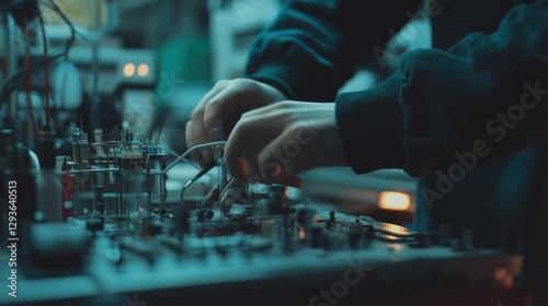 Close-up of hands working on complex electronics.