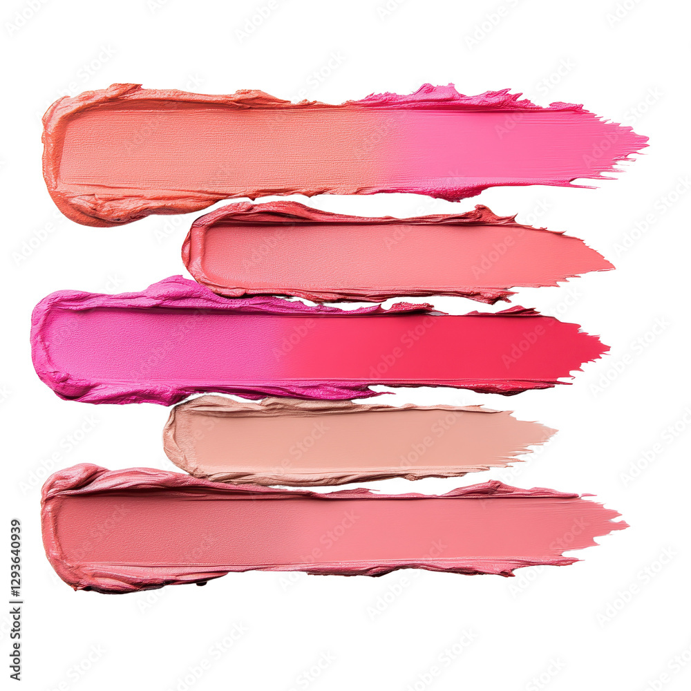 Obraz premium Vibrant lipstick swatches, various shades of pink and nude, showcasing beauty products, ideal for makeup enthusiasts and tutorials. Isolated on white background or PNG