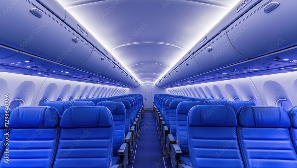 Fototapeta premium Airplane Cabin Interior with Blue Seats and Bright Lighting