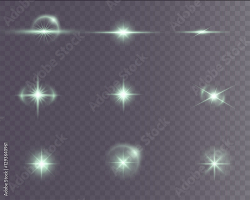 vibrant green light flash effect featuring shiny LED glow, sparkling flares, and festive bursts. Perfect for Christmas decorations, fireworks, energy visuals, and abstract projections. Vector 