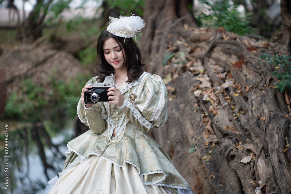 Beautiful young woman wearing vintage clothes in a beautiful old place.