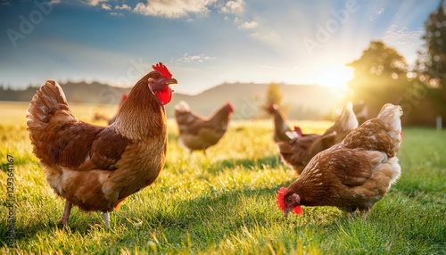 Traditional Organic Free Range Poultry Farm Hens Grazing on Lush Grass under a Clear Sky with Warm Rustic Atmosphere, Conveying Peaceful and Pastoral Feel