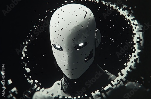 Holographic AI Face with Data Streams and Digital Halo in Dark Matrix