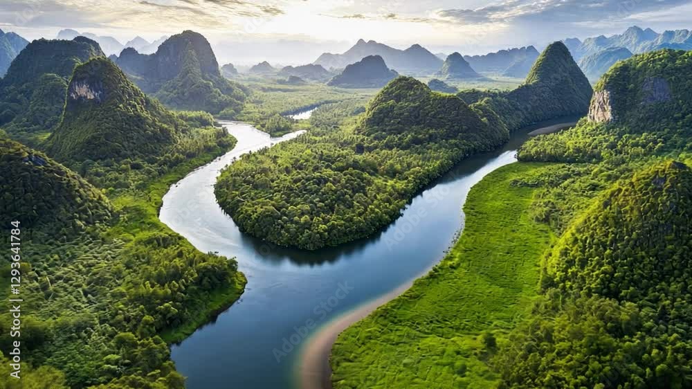 Serene River Valley: An aerial vista showcasing a meandering river winding through a lush valley, enveloped by majestic mountains, and vibrant greenery.