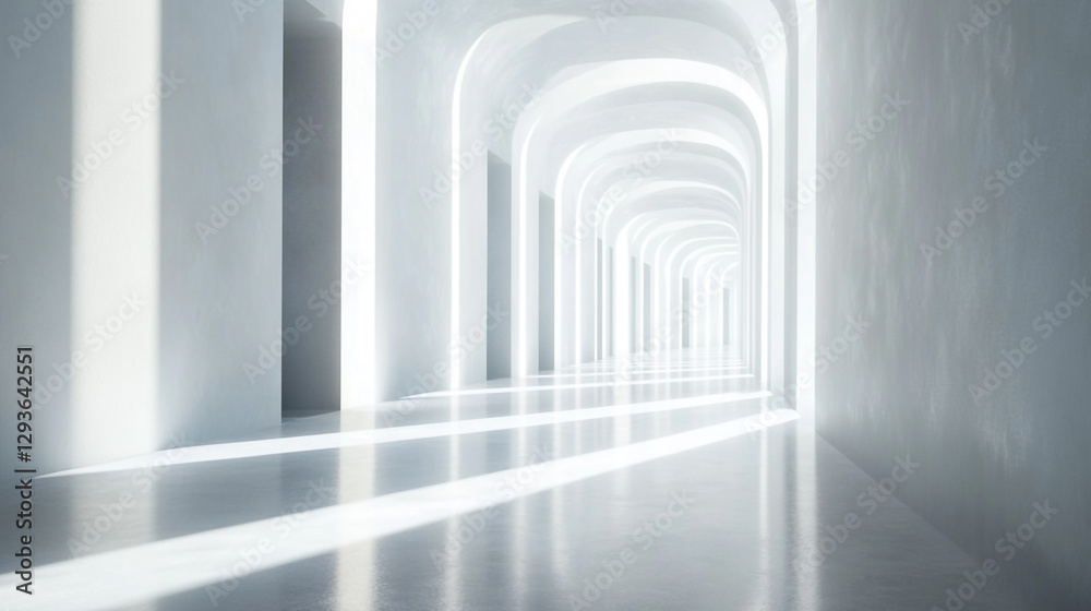 Fototapeta premium Modern white architectural corridor interior design bright light wall room clean space lines floor