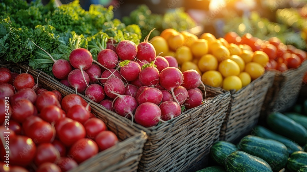 Fresh red radishes displayed at a vibrant farmers market in bright sunlight during the harvest season Fresh red radishes displayed at a vibrant farmers market in bright sunlight during the harvest season
