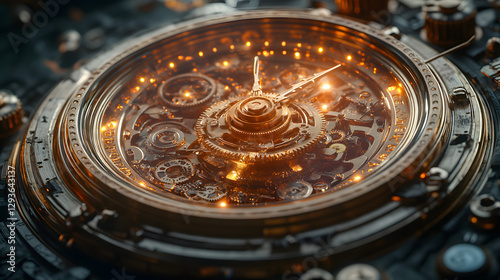 Clockwork Time: A close-up shot of a vintage clock showcasing its intricate mechanics with golden gear and precise details, against a dark background.