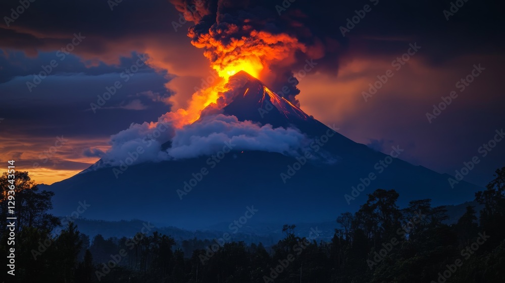 Fototapeta premium A nighttime volcanic eruption, with bright orange lava illuminating the dark sky and a glowing plume of ash rising.
