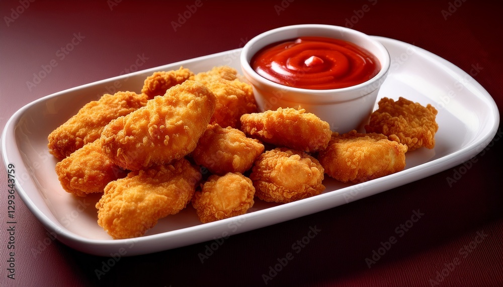 Fotografía de estudio profesional una fuente de nuggets de pollo casero crujientes, acompañados de un tazón blanco de vibrante salsa marinera roja, estilo ultrarrealista, realista, 4k Fotografía de estudio profesional una fuente de nuggets de pollo casero crujientes, acompañados de un tazón blanco de vibrante salsa marinera roja, estilo ultrarrealista, realista, 4k