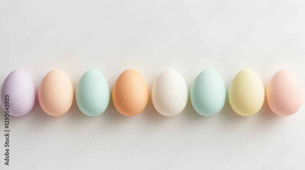 Pastel-colored eggs neatly arranged on white background Pastel-colored eggs neatly arranged on white background