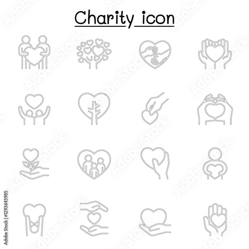 Set of Donation & Charity related vector line icons. contains such Icons as kindness, fundraiser, volunteer, support, heart, helping, care, give, hope, friendship, hug, protect and more.