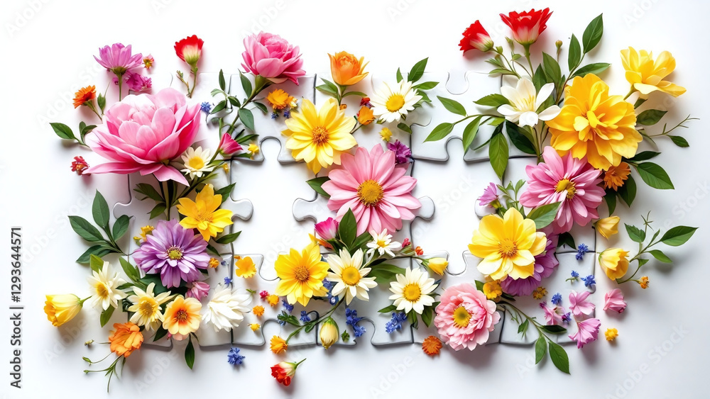Puzzle pieces adorned with fresh blooms in a vibrant array of colors Puzzle pieces adorned with fresh blooms in a vibrant array of colors